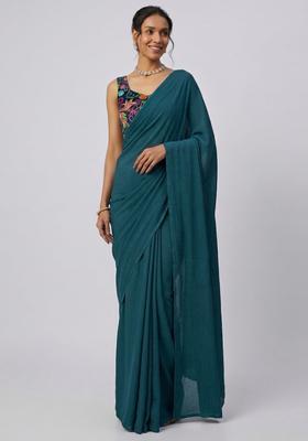 Teal Printed Crepe Pre Draped Saree Set