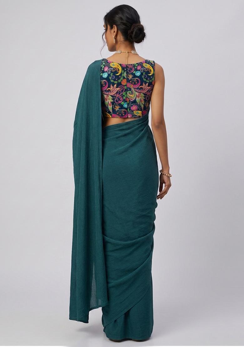 Teal Printed Crepe Pre Draped Saree Set - Indya