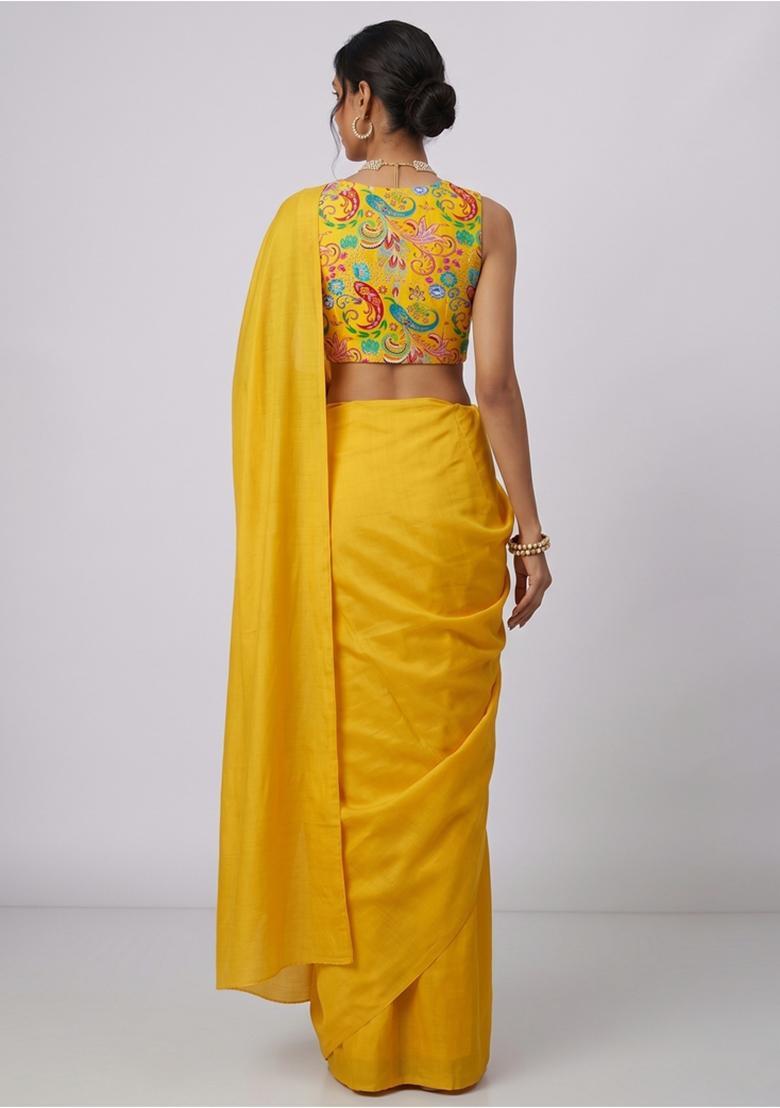 Mustard Printed Crepe Pre Draped Saree Set - Indya