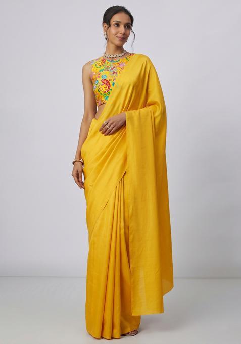 Mustard Printed Crepe Pre Draped Saree Set