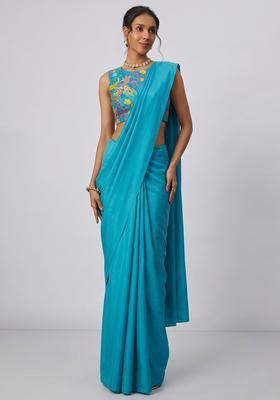 Light Blue Printed Crepe Pre Draped Saree Set