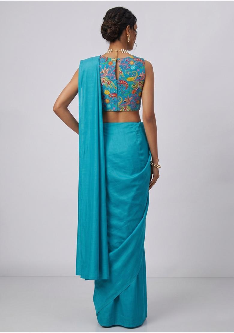 Light Blue Printed Crepe Pre Draped Saree Set - Indya