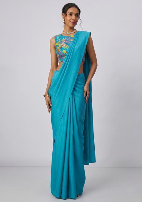 Teal Printed Crepe Pre Draped Saree Set