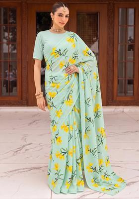 Mint Green Printed Poly Blend Pre Draped Saree Set