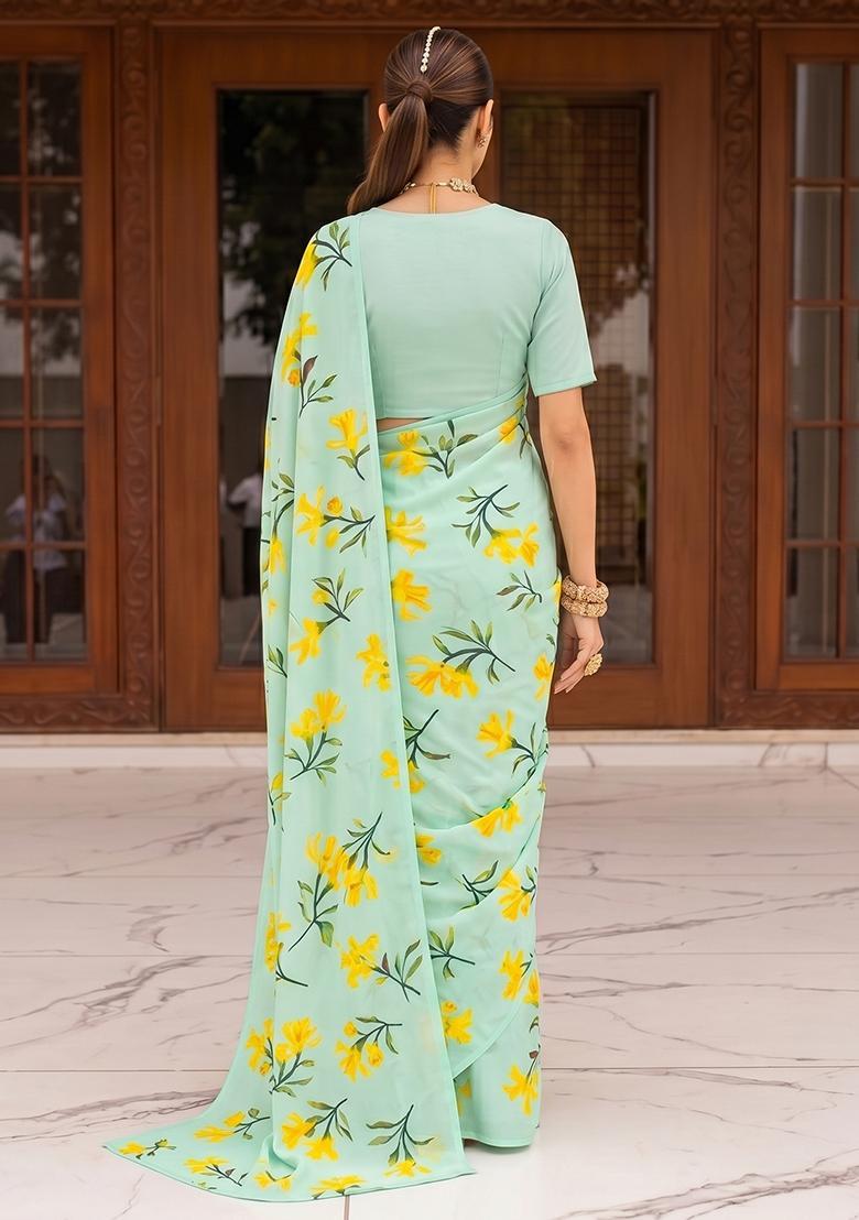 Mint Green Printed Poly Blend Pre Draped Saree Set - Indya