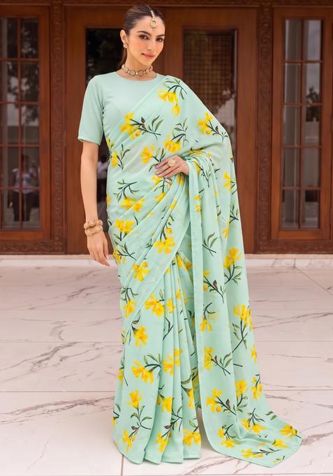 Mint Green Printed Poly Blend Pre Draped Saree Set