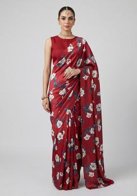 Maroon Printed Silk Blend Pre Draped Saree Set