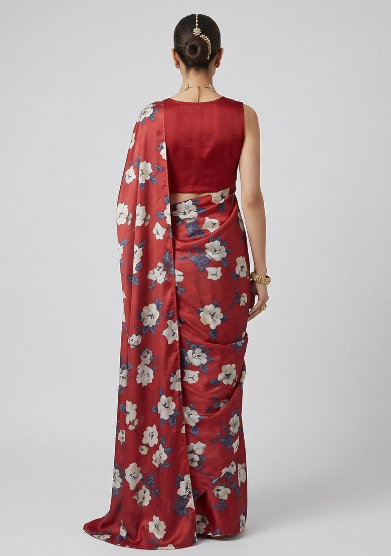 Maroon Printed Silk Blend Pre Draped Saree Set - Indya