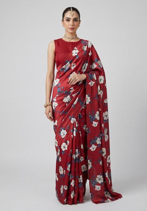 Maroon Printed Silk Pre Draped Saree Set