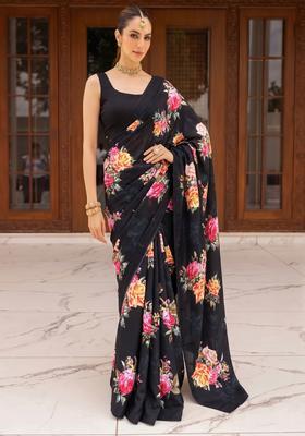 Black Printed Silk Blend Pre Draped Saree Set