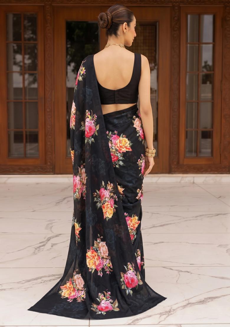 Black Printed Silk Blend Pre Draped Saree Set - Indya