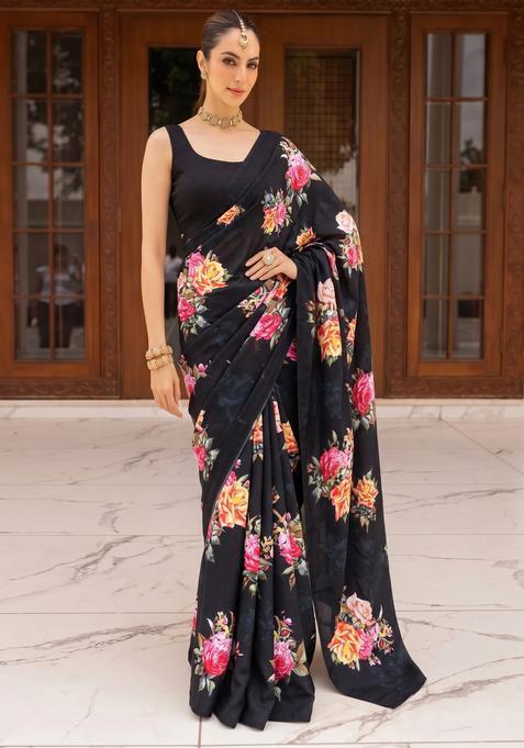 Black Printed Silk Pre Draped Saree Set