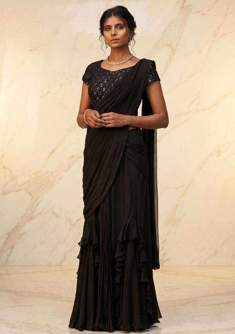 Black Embroidered Handwork Fusion Set - Indya