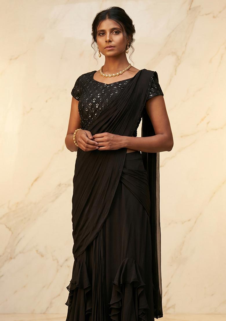 Black Embroidered Handwork Fusion Set - Indya