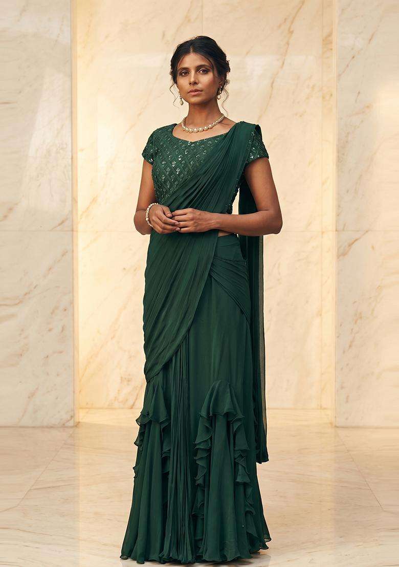 Bottle Green Embroidered Handwork Pre Draped Saree Set - Indya