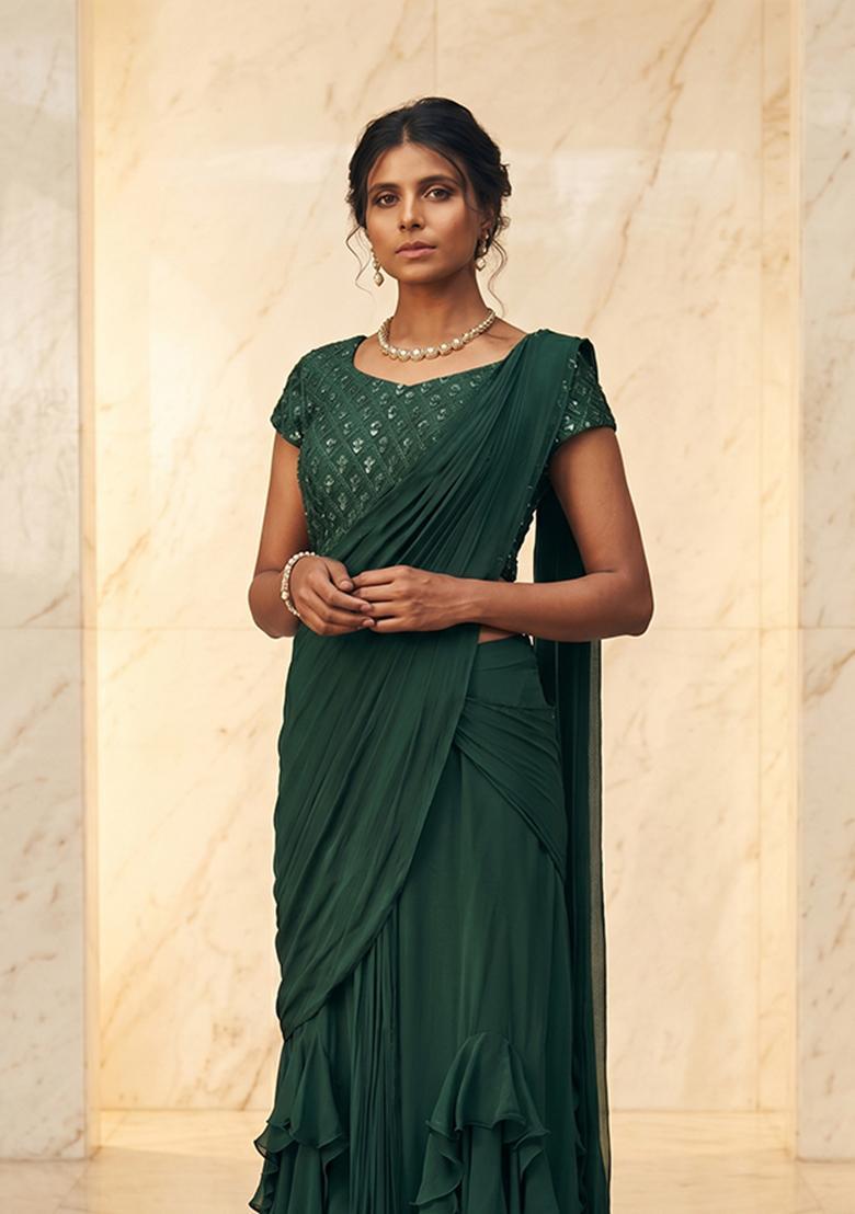 Bottle Green Embroidered Handwork Pre Draped Saree Set - Indya