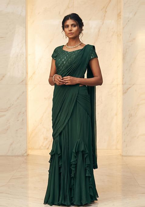 Bottle Green Embroidered Handwork Pre Draped Saree Set