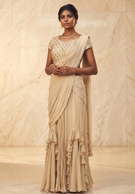 Beige Embroidered Handwork Pre Draped Saree Set
