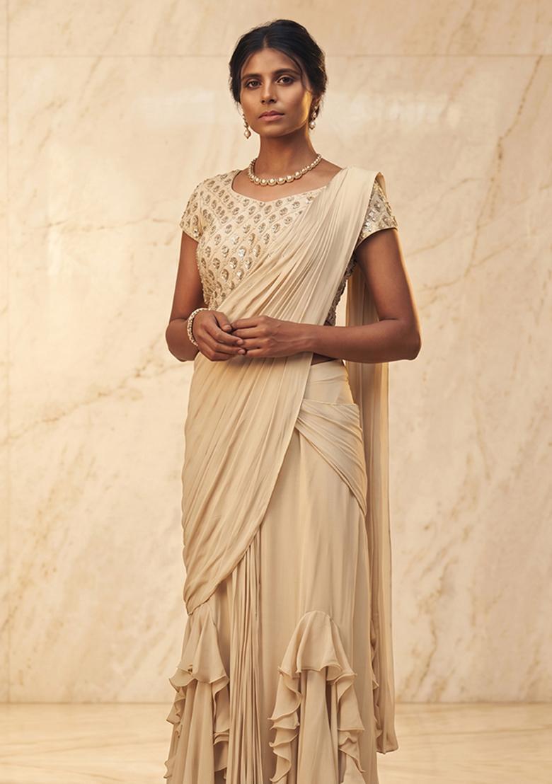 Beige Embroidered Handwork Pre Draped Saree Set - Indya