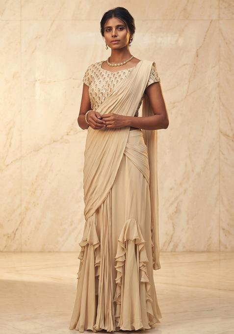 Beige Embroidered Handwork Pre Draped Saree Set