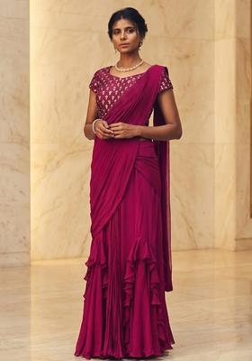 Rani Pink Embroidered Handwork Pre Draped Saree Set