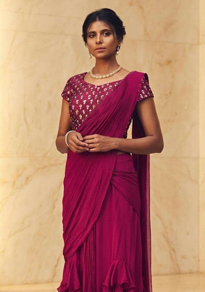 Rani Pink Embroidered Handwork Pre Draped Saree Set - Indya