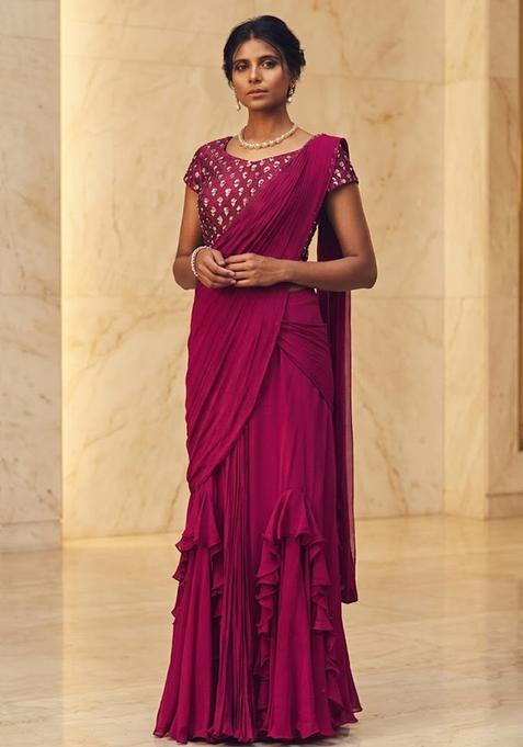 Rani Pink Embroidered Handwork Pre Draped Saree Set
