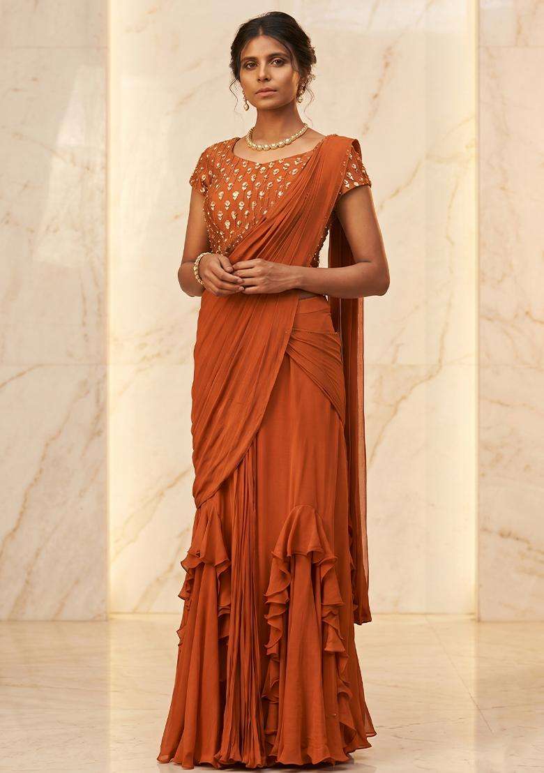 Rust Orange Embroidered Handwork Pre Draped Saree Set - Indya