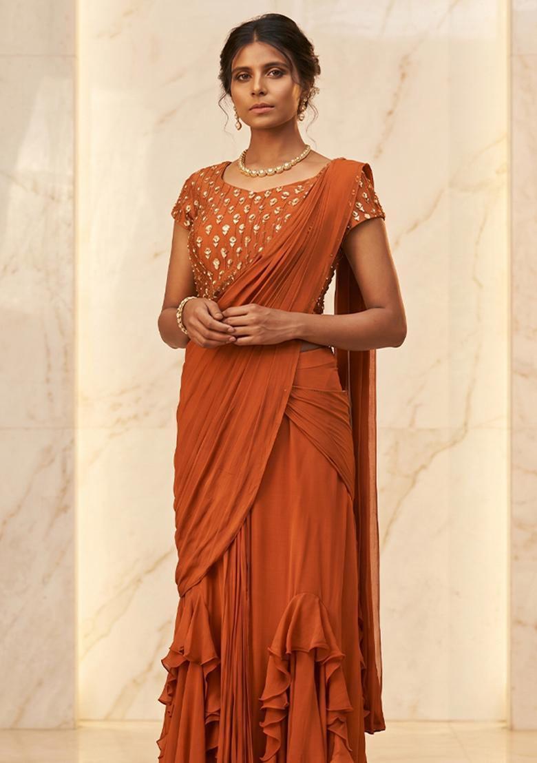 Rust Orange Embroidered Handwork Pre Draped Saree Set - Indya