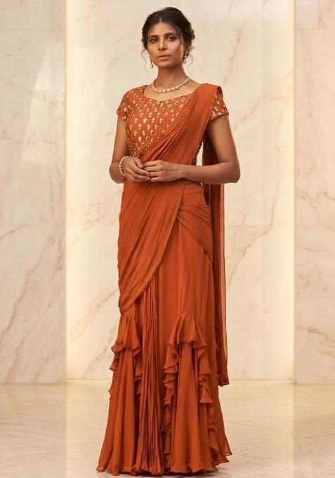 Rust Orange Embroidered Handwork Pre Draped Saree Set