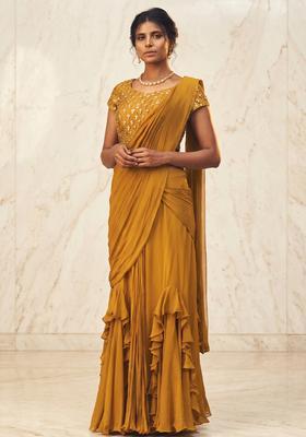 Mustard Embroidered Handwork Pre Draped Saree Set