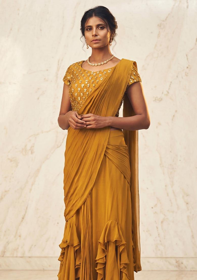 Mustard Embroidered Handwork Pre Draped Saree Set - Indya