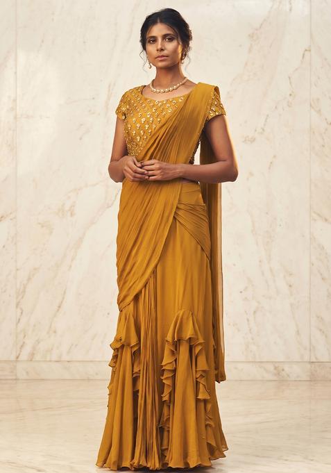 Mustard Embroidered Handwork Pre Draped Saree Set