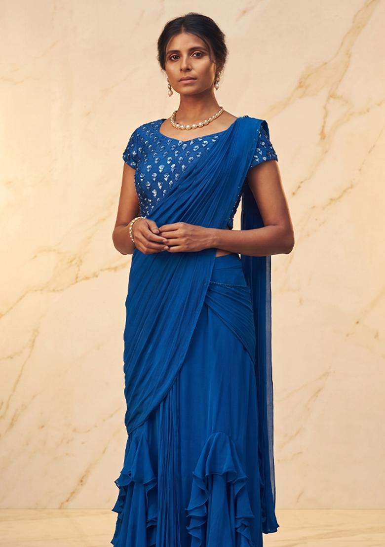 Royal Blue Embroidered Handwork Pre Draped Saree Set - Indya