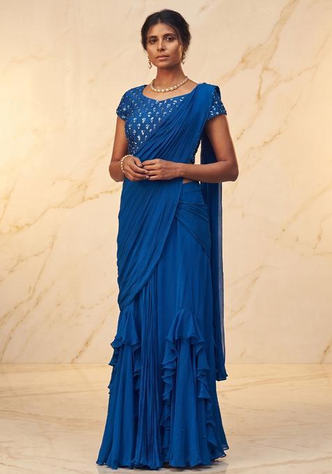 Royal Blue Embroidered Handwork Pre Draped Saree Set
