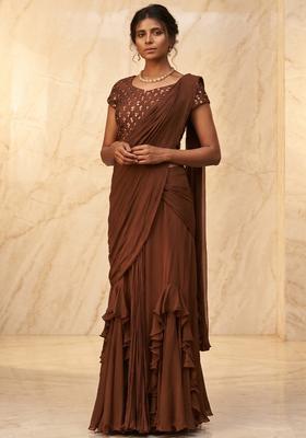 Brown Embroidered Handwork Pre Draped Saree Set