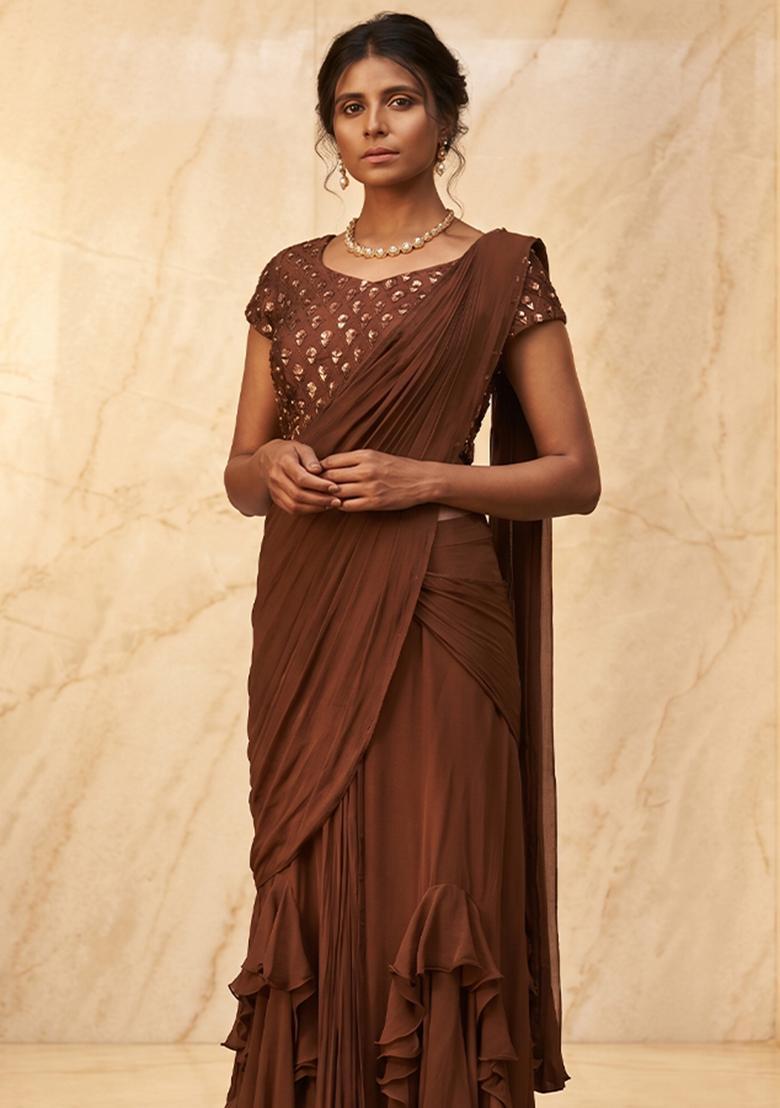 Brown Embroidered Handwork Pre Draped Saree Set - Indya