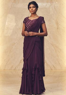 Deep Purple Embroidered Handwork Pre Draped Saree Set