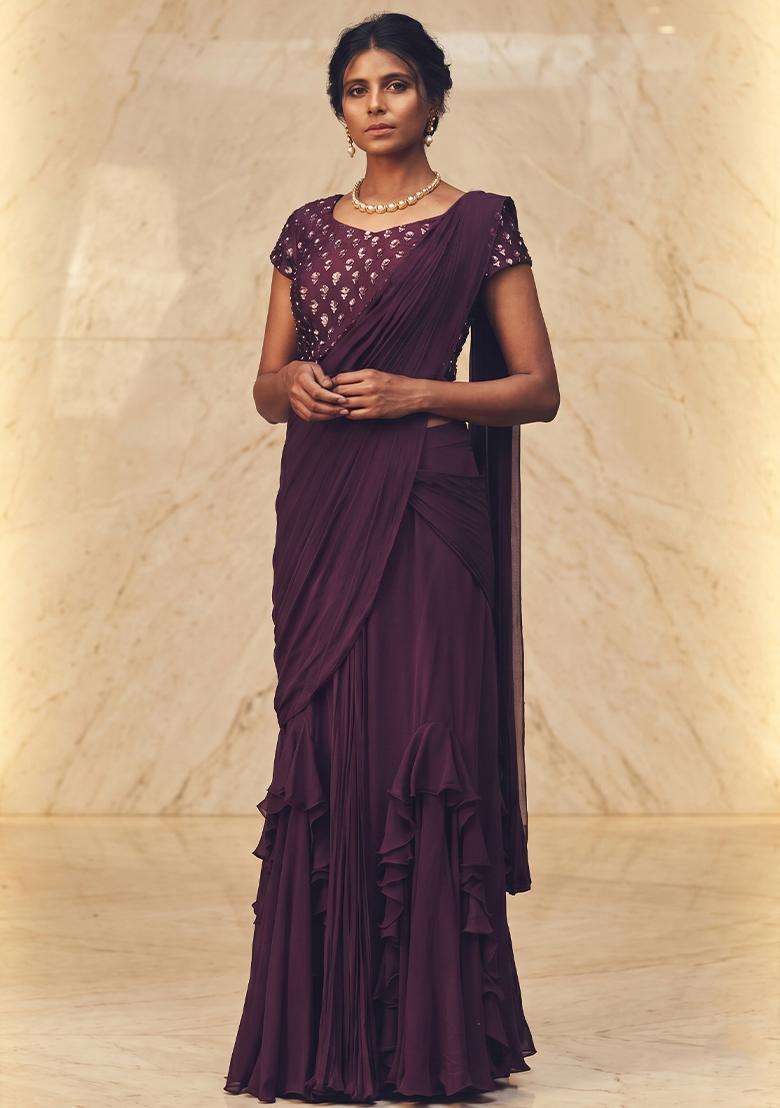 Deep Purple Embroidered Handwork Pre Draped Saree Set - Indya