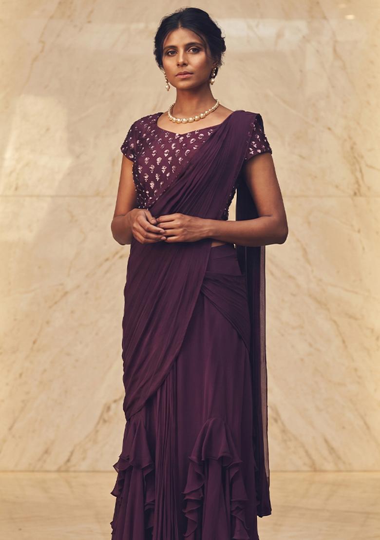 Deep Purple Embroidered Handwork Pre Draped Saree Set - Indya