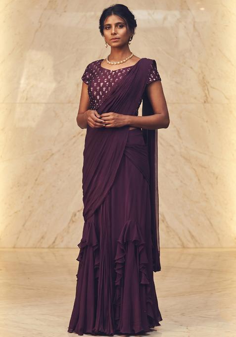 Deep Purple Embroidered Handwork Pre Draped Saree Set