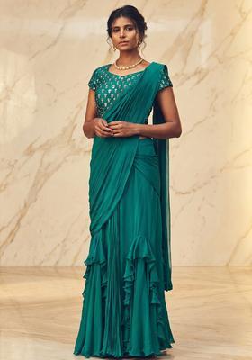 Teal Embroidered Handwork Pre Draped Saree Set