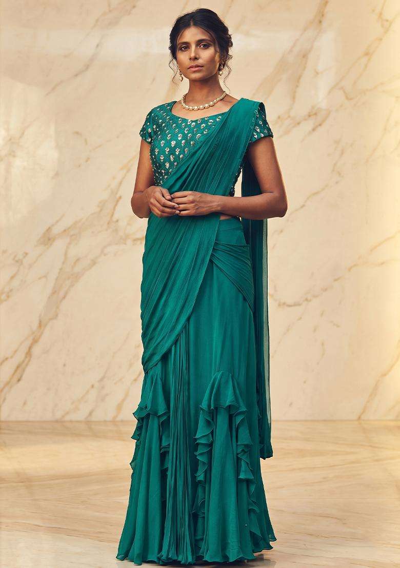 Teal Embroidered Handwork Pre Draped Saree Set - Indya
