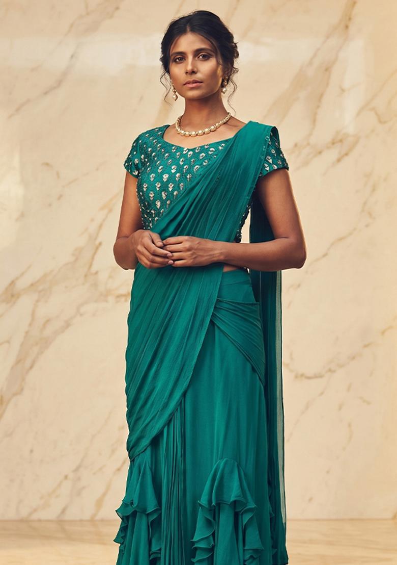 Teal Embroidered Handwork Pre Draped Saree Set - Indya