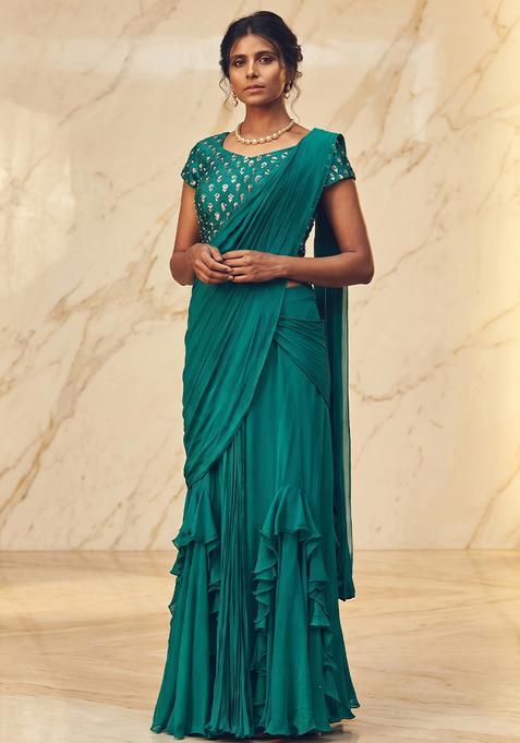 Teal Embroidered Handwork Pre Draped Saree Set