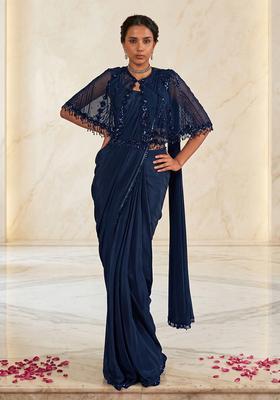 Navy Blue Embroidered Handwork Pre Draped Saree Set