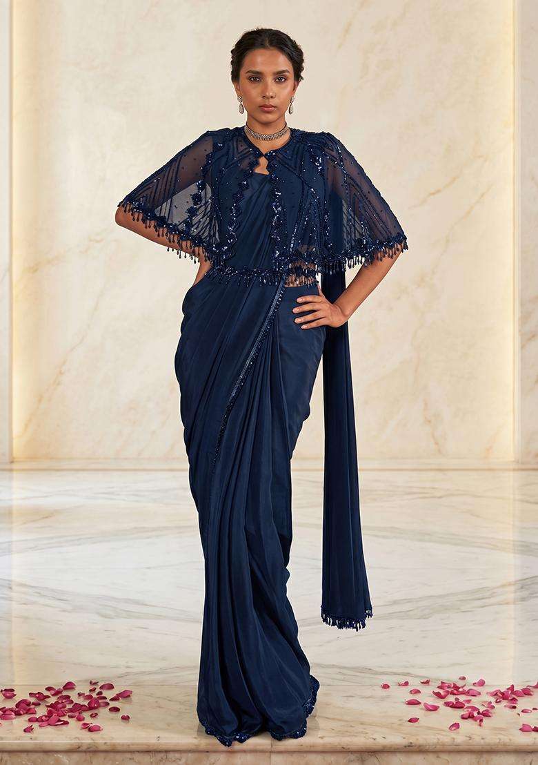 Navy Blue Embroidered Handwork Pre Draped Saree Set - Indya
