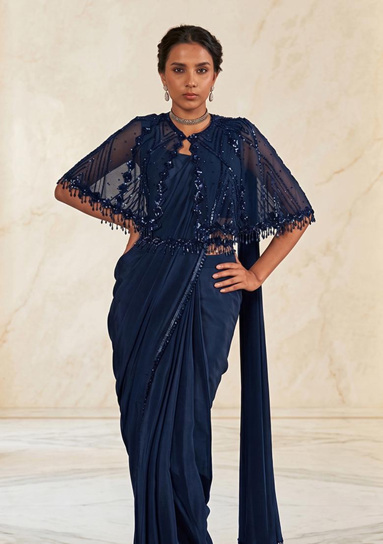 Navy Blue Embroidered Handwork Pre Draped Saree Set - Indya