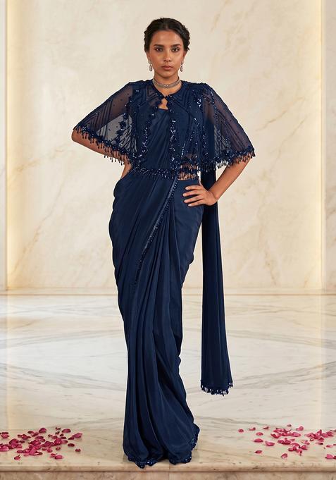 Navy Blue Embroidered Handwork Pre Draped Saree Set