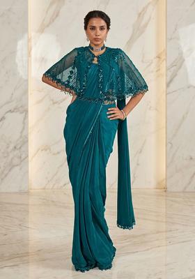 Teal Embroidered Handwork Pre Draped Saree Set
